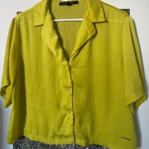 Marc New York Silk Cropped Blouse | Chartreuse Green Boxy Button-Up | L